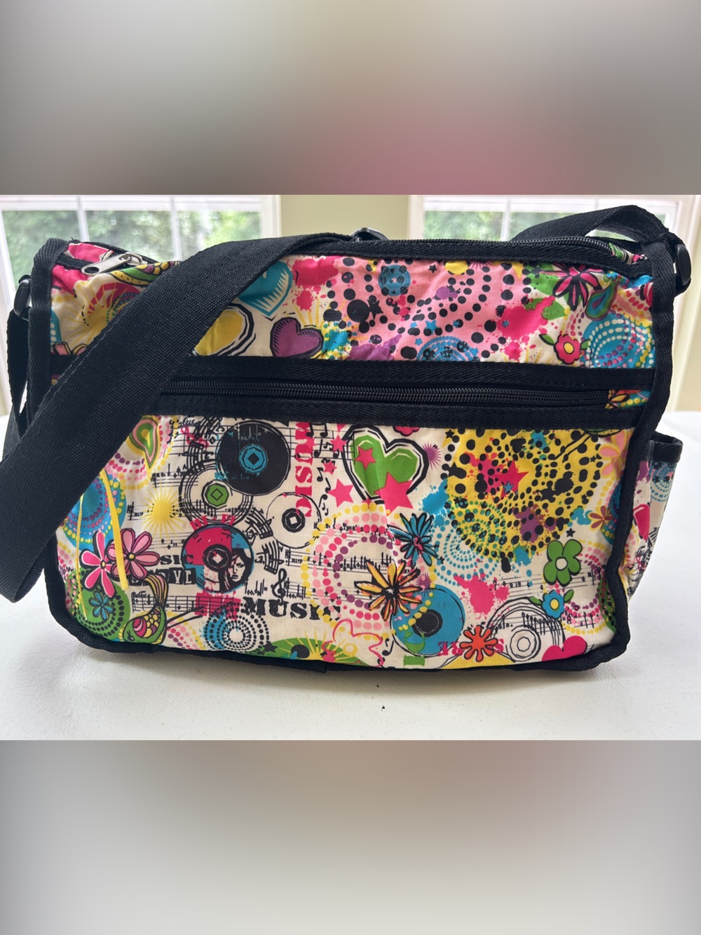 Vibrant Multicolor Abstract Crossbody Bag with Black Trim